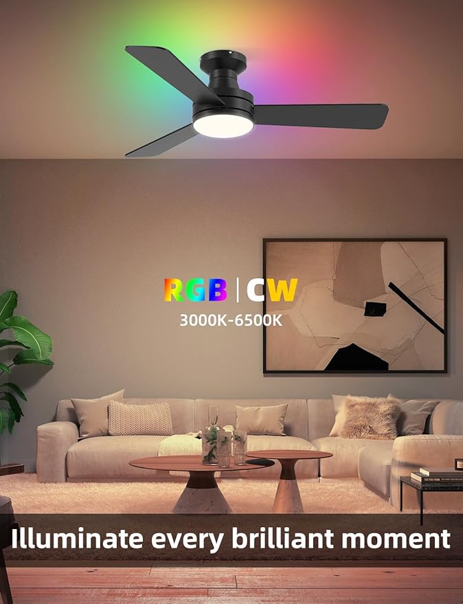 Homlit 42 inch RGB Ceiling Fan with Light, Smart App & Remote Control Low Profile Flush Mount, Music Sync Lighting, 6-Speed Quiet Reversible DC Motor, 4CCT Dimmable for Home Office Party,Black