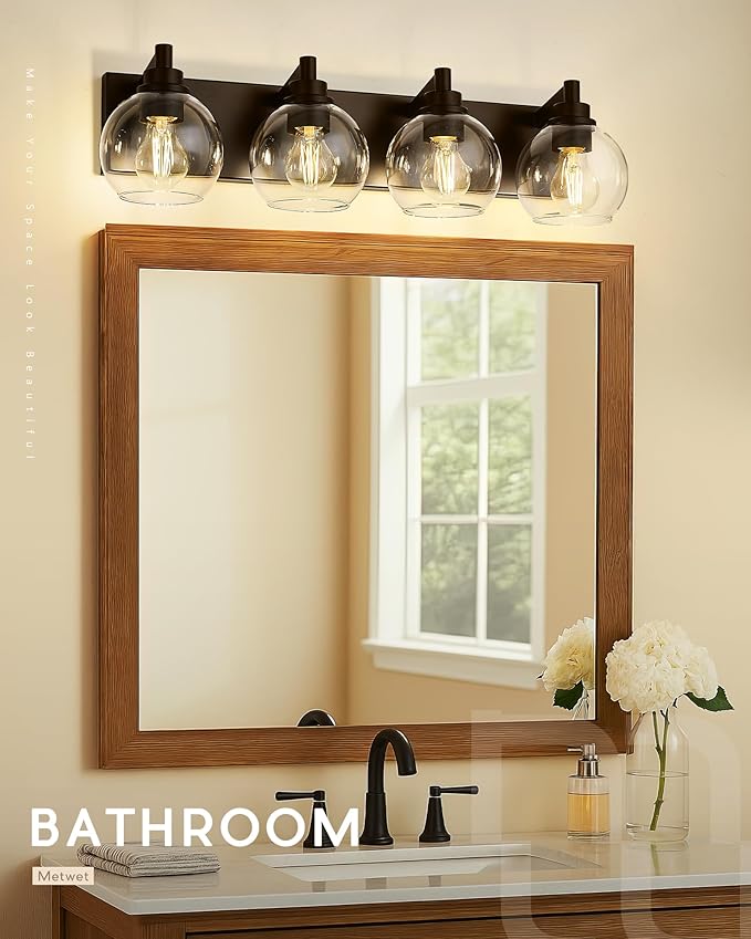 METWET Bathroom Light Fixtures Over Mirror, 4-Light Oil Rubbed Bronze Bathroom Vanity Light with Globe Clear Glass Shade, 26 Inch Modern Sconces Wall Lighting, VL195-ORB-4
