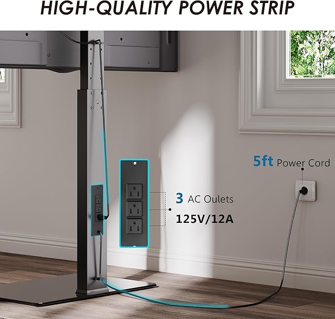 FITUEYES Floor TV Stand for 32-75 inch TV with Power Outlet, Tall TV Stand for Bedroom Living Room with Tempered Glass Base, Floor TV Mount Holds Up to 88lbs MAX VESA 600x400mm,Black