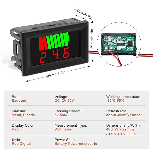 Exqutoo 2Pack DC 12V, 24V, 36V, 48V, 60V Battery Indicator Voltage Meter 2 in 1 Battery Capacity & Voltage Monitor Red Display Battery Voltage Reader