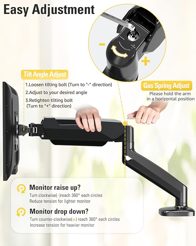 DreamAxis Single Monitor Mount, Gas Spring Monitor Arm for 17-32 Inch Computer Screens, Adjustable Monitors Stand for Desk, 75x75/100x100mm VESA Mount, with Clamp and Grommet Base, Holds 4.4-17.6lbs