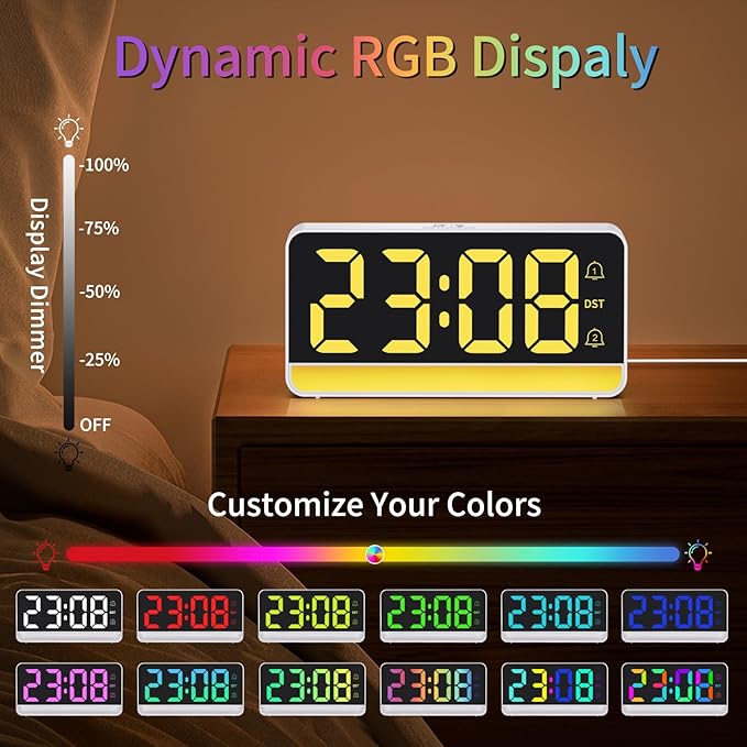 Alarm Clocks for Bedrooms, Digital Bedside Clock with RGB Night Light, Adjustable Volume for Heavy Sleepers, USB Charger, Large Display, Modern Decor for Desk, Dimmable Alarm Clock for Kids(Colorful)