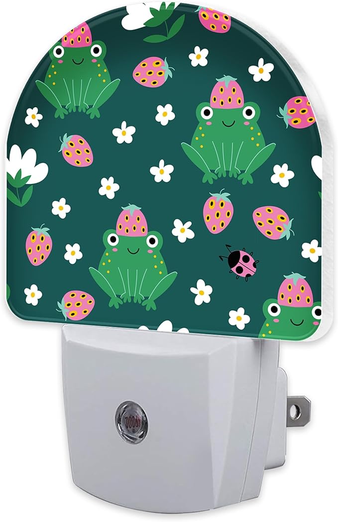 sndheke Strawberry Frogs with Daisies Flowers Night Light Plug into Wall,Cute Childish Frog Dusk to Dawn Night Light Plug in,0.5w Energy Saving NightLight for Kids Boys Girls Home Decor