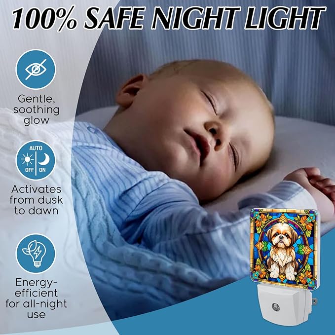 PODMemory Shih Tzu Stained Glass Night Lights Plug into Wall for Room, Shih Tzu Night Light LED for Bedroom