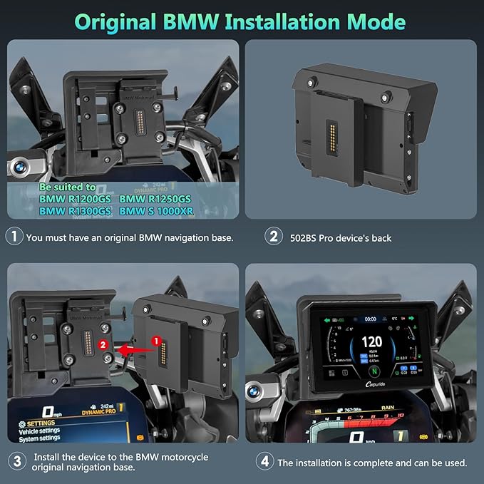 CARPURIDE W502BS PRO for BMW Motorcycle CarPlay & Android Auto Dual Bluetooth, 5" Waterproof GPS Navigation Screen, Data Reading, Native Wonder, TPMS, Light Sensor, Music Sharing, Intercom