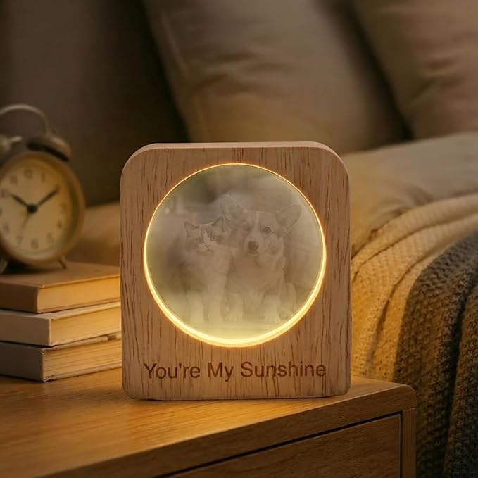 Yijhpbc Custom 3D Crystal Photo Night Light Personalized Photo Crystal Ball Engraved Picture Lamp with Wood Base Memorial Gift for Pets Family Couple Birthday Valentine's Day (Style 4)