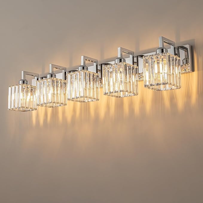 FDPBY Modern Bathroom Vanity Light 5-Lights Chrome Crystal Wall Lamp Bathroom Modern Crystal Vanity Lighting