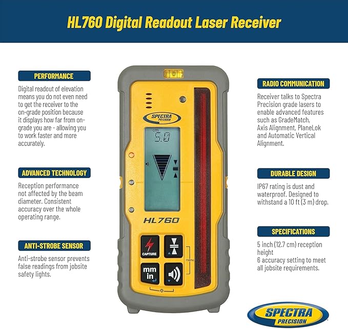 Spectra Precision HL760 Laser Receiver with 5″ Capture Window, Digital Readout, IP67 Rugged Design & 60h Runtime