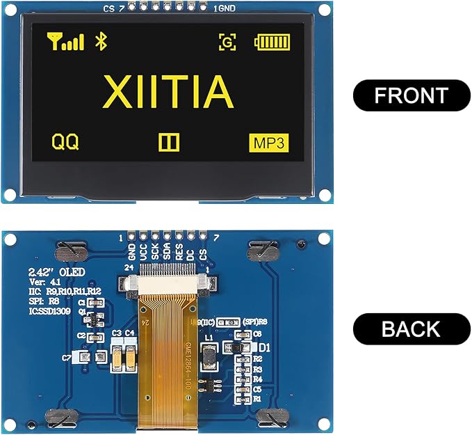 XIITIA 2pcs 2.42 inch 128x64 OLED LCD Display Module SSD1309 7 Pin SPI/IIC I2C Serial Interface for Arduino UNO R3 (Yellow Light)