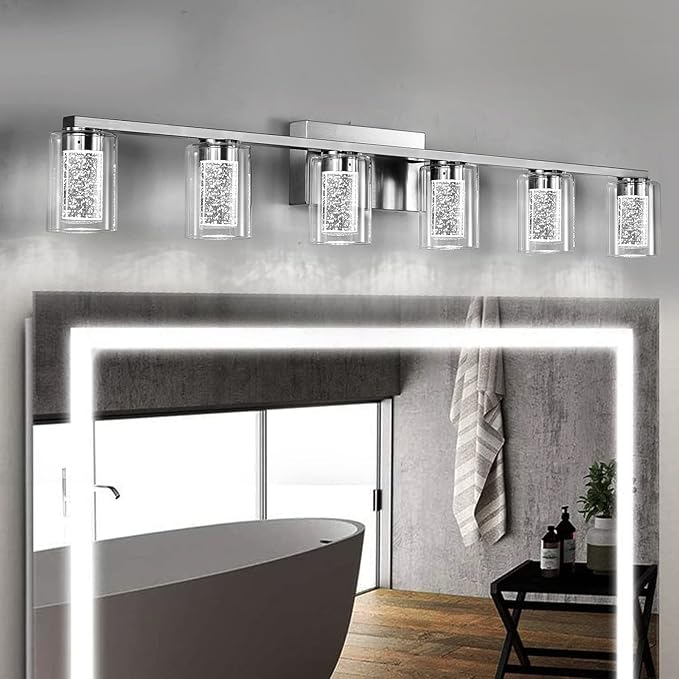 SADENICEL 6 Light Brushed Nickel Bathroom Light Fixtures, LED Vanity Lights Crystal White/Neutral/Warm Bathroom Lights Over Mirror for Bathroom, Bedroom,Living Room (6 Light)