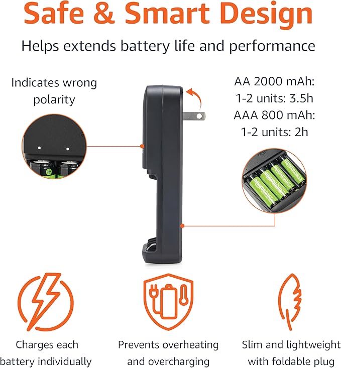 Amazon Basics NiMh Rechargeable Batteries (4 AA & 4 AAA) with 4 Bay Battery Charger, Type A (American) Plug, Black, 8 Count