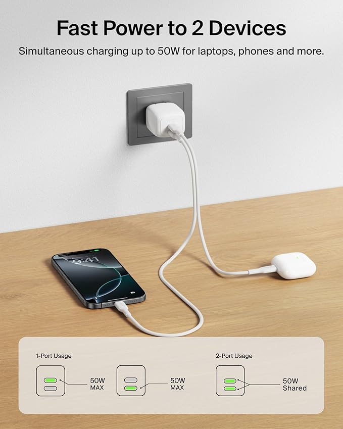 Belkin 2-Port USB C Charger Block 50W, Dual-Port GaN Charger w/ 2X USB C Ports & Included 1M C-C Cable, Fast Charging for MacBook, iPhone, iPad, Chromebook, Galaxy, Pixel - Travel Essentials - White