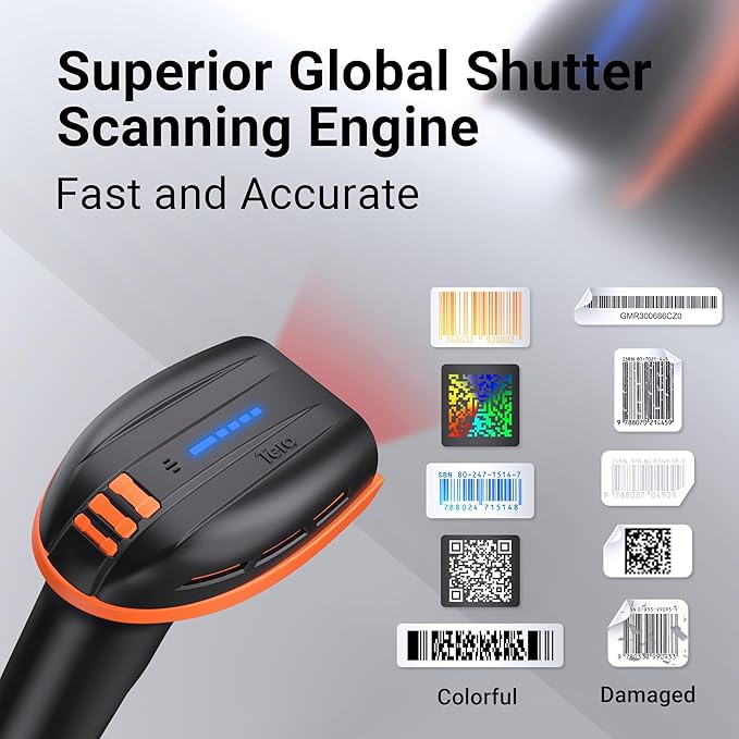Tera Pro Barcode Scanner with Power Switch Battery Level Indicator Replaceable Battery Wall Mountable Stand 1D 2D QR Works with Bluetooth 2.4G Wireless USB Wired Bar Code Reader D6100
