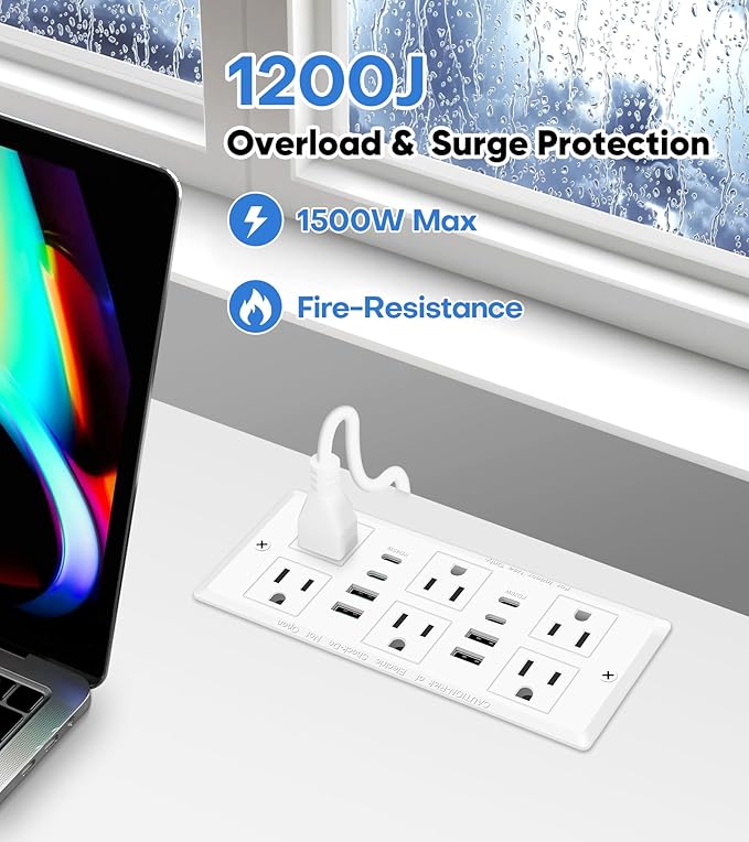 VILONG 14 in 1 Recessed Power Strip with PD 45W USB-C, Flush Mounted Drawer Outlet, 6 Outlets & 8 USB Ports, 45° Flat Plug, 6FT Extension Cord, Conference Desktop Built in Power Strip(White)