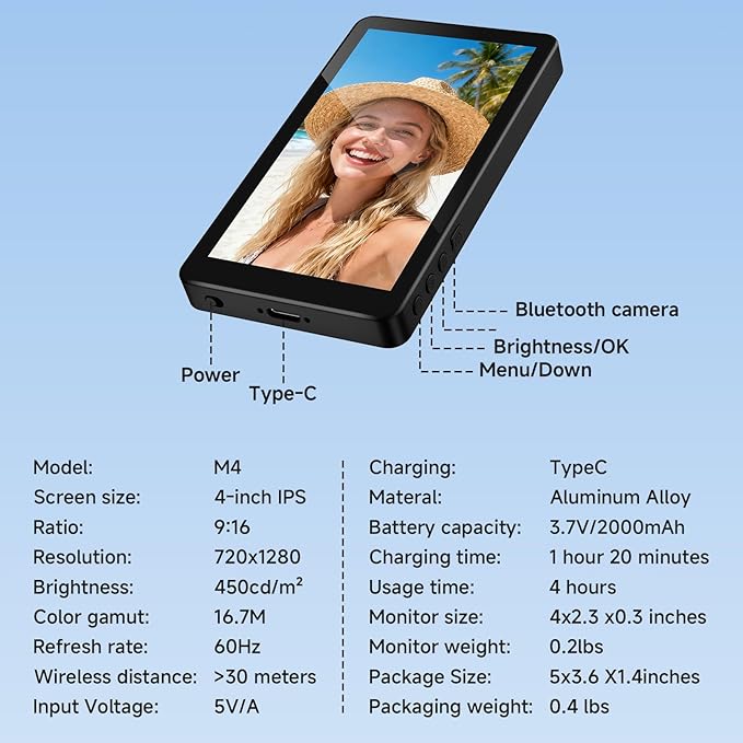 Bouvardia for Magnetic Vlog Selfie Monitor Screen, Zero-Lag Screen Sharing, 2000mAh Battery, Back Rear Camera Monitor with Bluetooth for Live Streaming and TikTok, Compatible with iPhone and Android