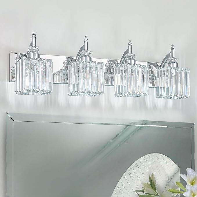 BBLLWJ Modern Bathroom Vanity Light 4-Light Chrome Crystal Light Fixtures Over Mirror for Bathroom Wall Sconce