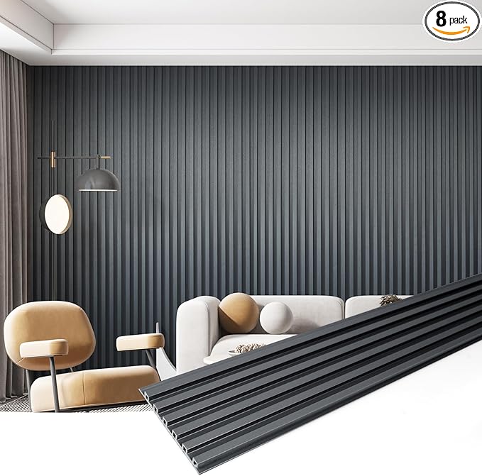 Art3dwallpanels Slat Wall Paneling, 104'' x 6.7'' Glossy Metal Finish WPC Soundproof 3D Wall Panels for Interior Wall Decor, 8 Pack Fluted Textured Panel Wall Slats, Metallic Silver Dark Gray