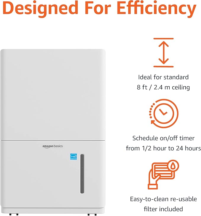 Amazon Basics Dehumidifier with Drain Pump, 50-Pint, Energy Star Certified, for Basement, Bathroom and Other Rooms Up to 4000 SFT, with Timer, auto-defrost, Overflow Protection, White