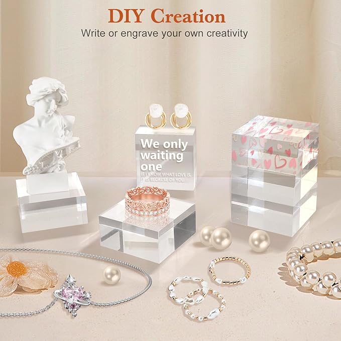 SAMYUCHO Acrylic Base 16 Pieces Acrylic Blocks for Display 2 X 2 X 1 Inch Square Riser Display Stands Trophy Base Pedestal Stands Clear Cube for Trophy Jewelry Props Food Party Crafts