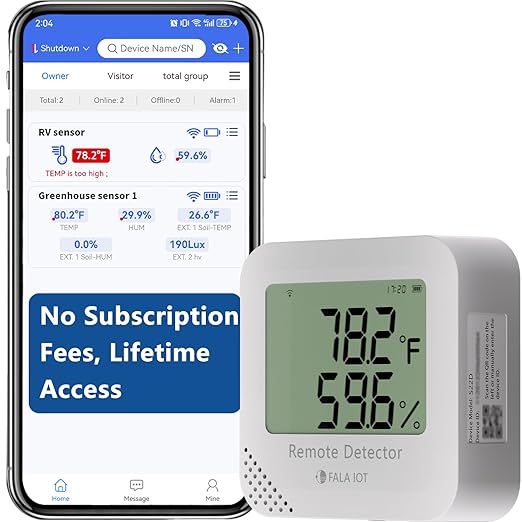 FALA IOT WiFi Temperature & Humidity Monitor, No Subscription 24/7 Remote Temp Sensor with Email, Text Alerts, Sound & Light Alarm, Idea for RV, Pet, Greenhouse, Farm, Freezer, Server Room,S22D