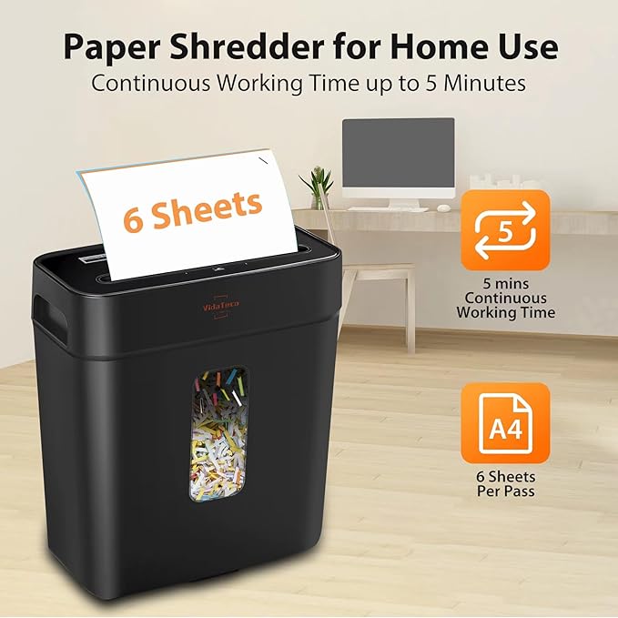 VidaTeco Paper Shredder for Home Use 6-Sheet Cross-Cut Shredder,Also Shred Card/Clip/Staple,P-4 Higher Security,Small Document Shredding Machine for Office,Heavy Duty with Jam Proof,3.04-Gal Bin