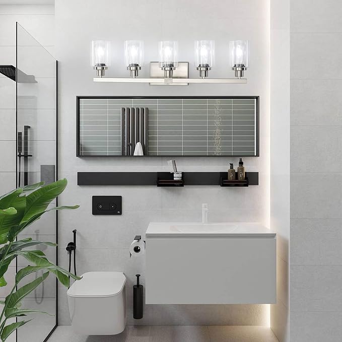 DIKAIDA Bathroom Vanity Light, 5-Light Nickel Modern Matte Wall Sconce Lighting with Clear Glass Shade, Wall Lights,Bath Vintage Wall Mounted Lamps for Mirror Bedroom Living Room