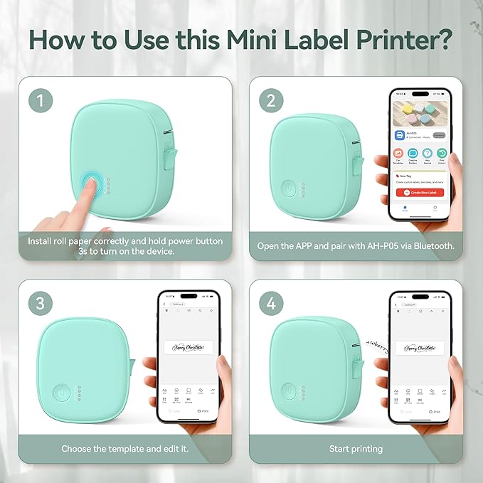 XenGro Mini Label Maker Machine with Tape AH-P05, Portable Bluetooth Mini Label Printer, Wireless Thermal Label Maker, Waterproof & Rechargeable, Built-in Cutter, for Home, Office, Kitchen – Green