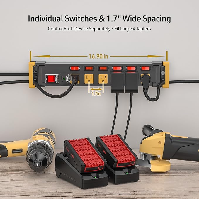 CRST 6 Outlets Heavy Duty Metal Power Strip with Individual Switches, 15A/1875W 1020Joules Surge Protector Power Strip with Cord Manager for Garage, Shop, Workspace, Home, Office, School. 6FT Cord