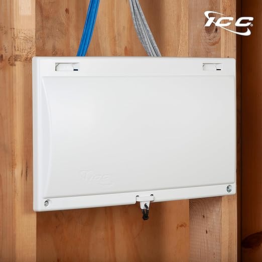 ICC 8” Plastic Structured Wiring Enclosure with Cover, Media Enclosure with CAT5e 6-Port PoE++ and 1x6 Bridged Telephone Modules, Cable Management Box, UL Listed, ICRDSMMAW8