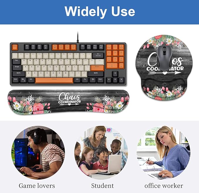 Keyboard Wrist Rest + Mouse Pad Wrist Support Set with Coasters, Chaos Coordinator Quotes Colored Floral Wreath Print Wrist Mouse Pad with Non-Slip PU Base for Home Office Working Studying