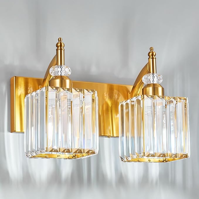 BBLLWJ Modern Bathroom Vanity Light 2-Light Gold Crystal Light Fixtures Over Mirror for Bathroom Wall Sconce
