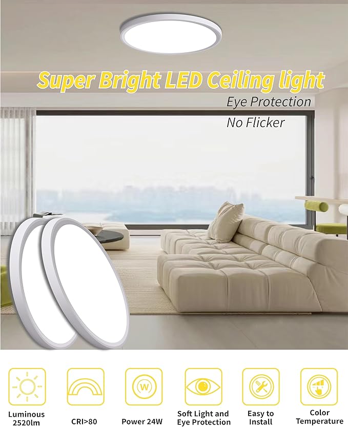 6pack 12 Inch Flush Mount Ceiling Light, 24w Led Ceiling Light, 3000k/4000k/6000k Selectable 2520lm Ceiling Lights, Super Slim Led Light Fixture For Bedroom Kitchen Living Dining Room Office (White)