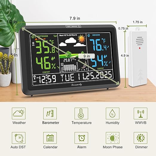 DreamSky Weather Station Indoor Outdoor Thermometer Wireless with Digital Atomic Clock for Home, Large Display with Dimmer, USB, Inside Outside Temperature Humidity Monitor (Adapter Powered)-3 Sensor