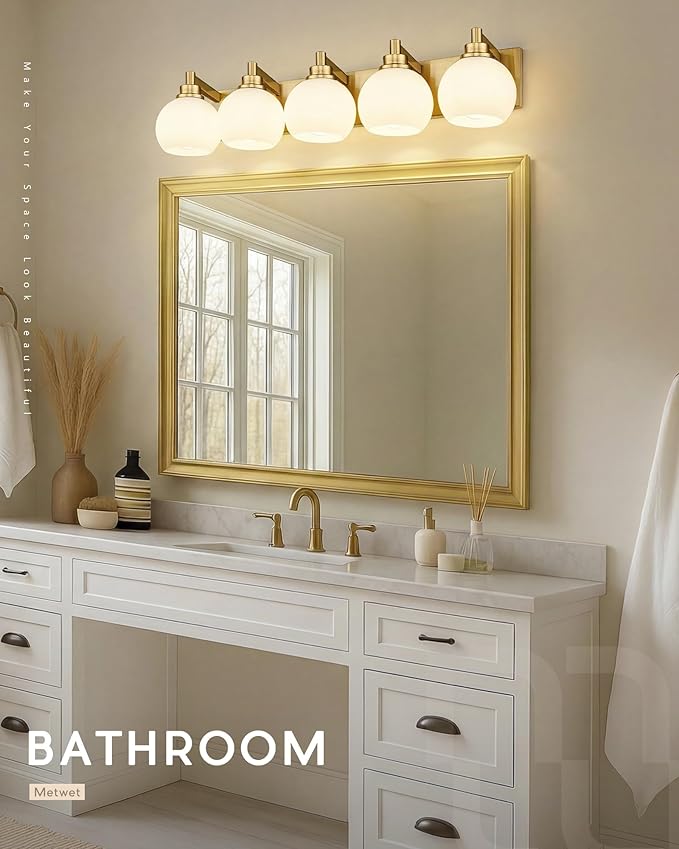 METWET Bathroom Light Fixtures, 5-Light Brushed Gold Bathroom Vanity Lights Over Mirror with Globe Milk White Glass Shade, 32 Inch Modern Vanity Lighting Fixtures, VL195-BG-ML-5