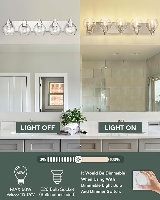 METWET Bathroom Light Fixtures, 5 Light Brushed Nickel Vanity Light, 32 Inch Modern Wall Sconces with Globe Clear Glass Shade, Vanity Lighting Fixtures Over Mirror, VL195-BN-CL-5