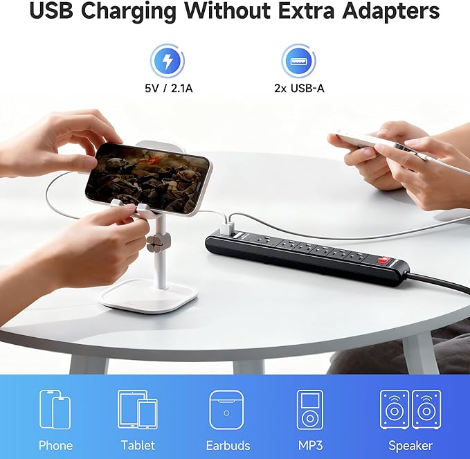[ETL Listed] Cable Matters 2-Pack 6-Outlet Surge Protector Power Strip with USB Ports - 12ft, Long Extension Cord, Surge Protector with USB Ports, Black