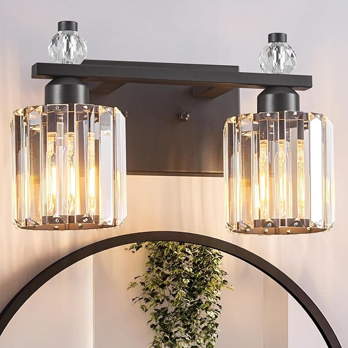 FDPBY Bathroom Vanity Lights 2-Light Sand Black Modern Crystal Vanity Light Fixtures Over Mirror Crystal Bathroom Vanity Lighting Fixtures