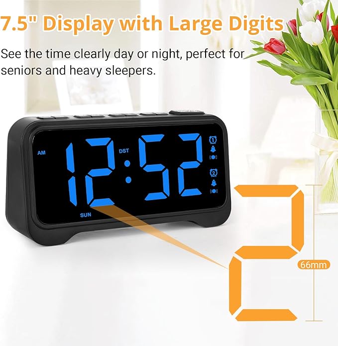 Loud Alarm Clock for Heavy Sleepers Adults, Vibrating Bed Shaker Alarm Clock for Teens/Deaf People, 7.5" Large Screen Digital Alarm Clock, Dual Alarm, Nightlight, Brightness Adjustable, Bedroom, Dorm