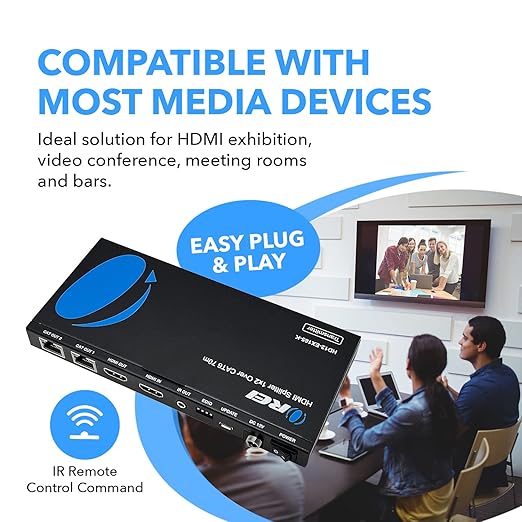 OREI 4K 1x2 HDMI Over ethernet Extender Splitter Over CAT6/7 ethernet Cable 4K@30Hz up to 165 ft - 1 in 2 Out, 1080P@60Hz Upto 230 ft, PoC, IR Control, EDID, HDMI Loop Out (HD12-EX165-K)
