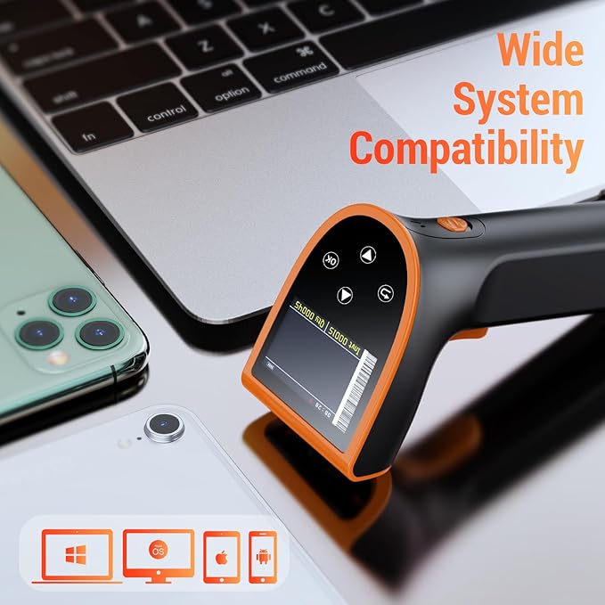 Tera Barcode Scanner Wireless with Screen: Pro Version 1D 2D QR with Digital Setting Keypad Power Switch Charging Cradle Works with Bluetooth 2.4G Wireless Bar Code Reader HW0015 Orange