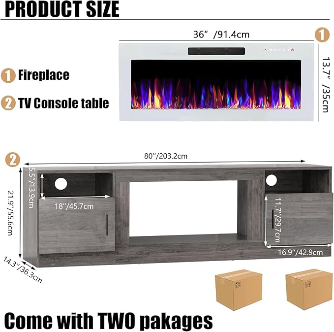 VITESSE TV Stand Fireplace with 36" inch Electric Fireplace Up to 90" TVs, LED Light Entertainment Center, 80" Modern Wood High Gloss with Highlight Storage Cabinet for Living Room (Gray)