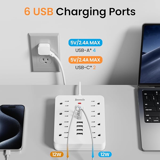 Bawmwim Surge Protector Power Strip - 8 Outlets(1250W/10A) 4 USB A（2 USB C, 6FT Flat Plug Extension Cord, Wall Mount Multi Plug Outlet Extender, ETL Listed for Home, Dorm Room