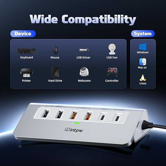 intpw P9 PRO USB C Hub 10Gbps, 9-in-1 USB C Docking Station with 4K@60Hz HDMI, Type-C & 2 Type-A 3.2, 2 USB-A 2.0, PD 100W, SD/TF Port,Aluminum USB Hub for Laptop, iPhone 17 Series, MacBook Air/Pro