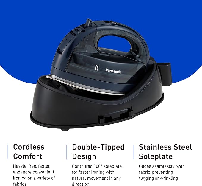 Panasonic Cordless Steam/Dry Iron 1500W - NI-WL700A - Wireless Steamer with Stainless Steel Plate - Quickly Heats Up in Under 5 Minutes - Cordless, Lightweight Iron - Black/Dark Blue