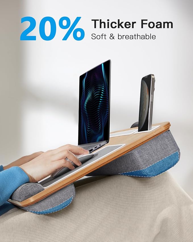 HUANUO Lap Desk - Fits up to 17 inches Laptop Desk, Built in Mouse Pad & Wrist Pad for Notebook, Laptop, Tablet, Lap Stand with Tablet, Pen & Phone Holder, Wood Grain