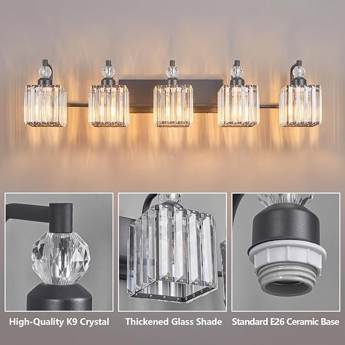 BBLLWJ 5 Light Bathroom Vanity Light Modern Black Vanity Light Fixtures Bathroom Light Fixtures Over Mirror Crystal Vanity Lighting Fixtures