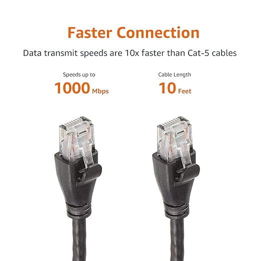 Amazon Basics RJ45 Cat 6 Ethernet Patch Cable, 1Gpbs Transfer Speed, Gold-Plated Connectors, 10 Foot - Pack of 5, Black