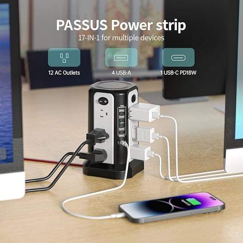 10FT Extension Cord with Multiple Outlets|PASSUS Surge Protector Power Strip with USB C(PD18W) Port|Flat Plug Braided Cord|Tower Outlets with USB Ports,Overload Protection for Home Office DormRoom