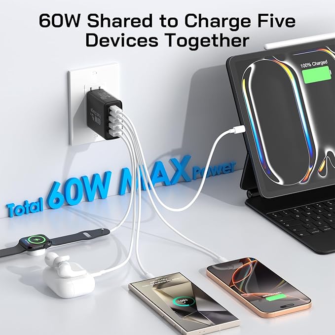 2Pack USB C Fast Charger Block, Total 60W 5-Port USB C Wall Charger 30W Type C Charging Block, 2USB C+3USB A PD 3.0 Multiport Charging Cube for iPhone 17 16 15 14 Pro Max, G-alaxy S25 S24 Ultra, i Pad