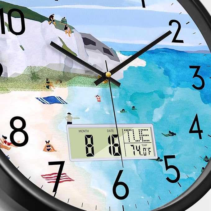 SCOAGE Silent Wall Clock with Temperature Day and Date Blue Mountain and Sea Beach Non-ticking Kitchen Clock Digital Large Display Battery Operated Clocks Decor for Bathroom Living Room Office 12 Inch